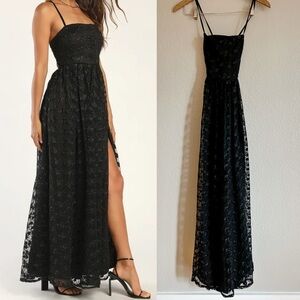 NWOT Pursuing Elegance Black Floral Embroidered Lace-Up Maxi Dress